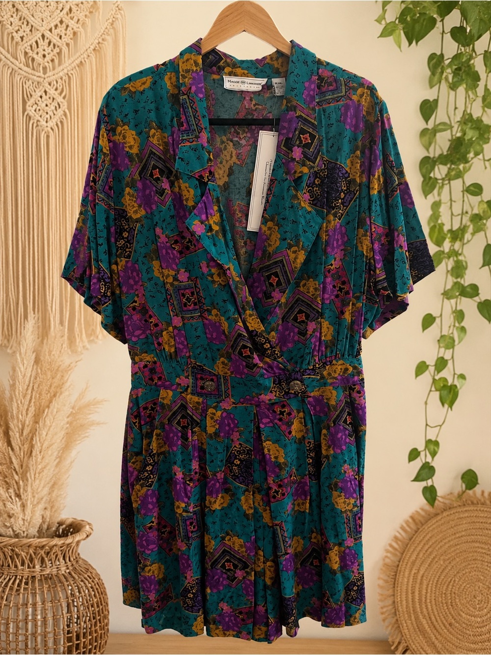 NWT Vintage 1990s Maggie Lawrence Abstract Floral Wrap Romper • True Vintage